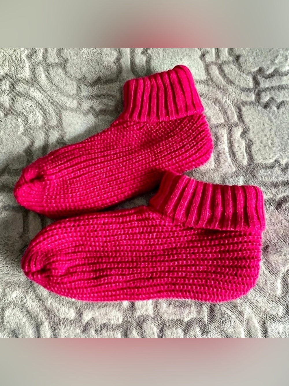 Hot Pink Chunky Knit Slipper Socks Fold-Over Cuffs One Size